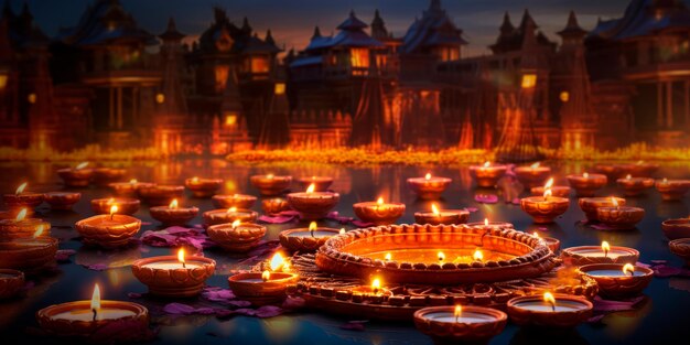 Indian street adorned with colorful diyas oil lamps and candles Diwali background AI generative