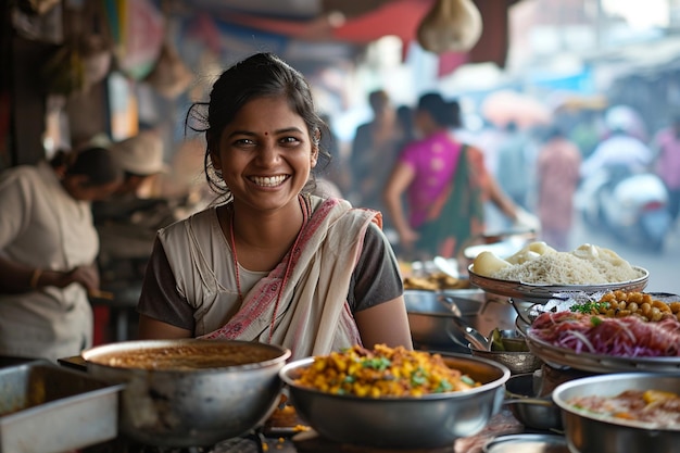 Indian street food seller woman bokeh style background