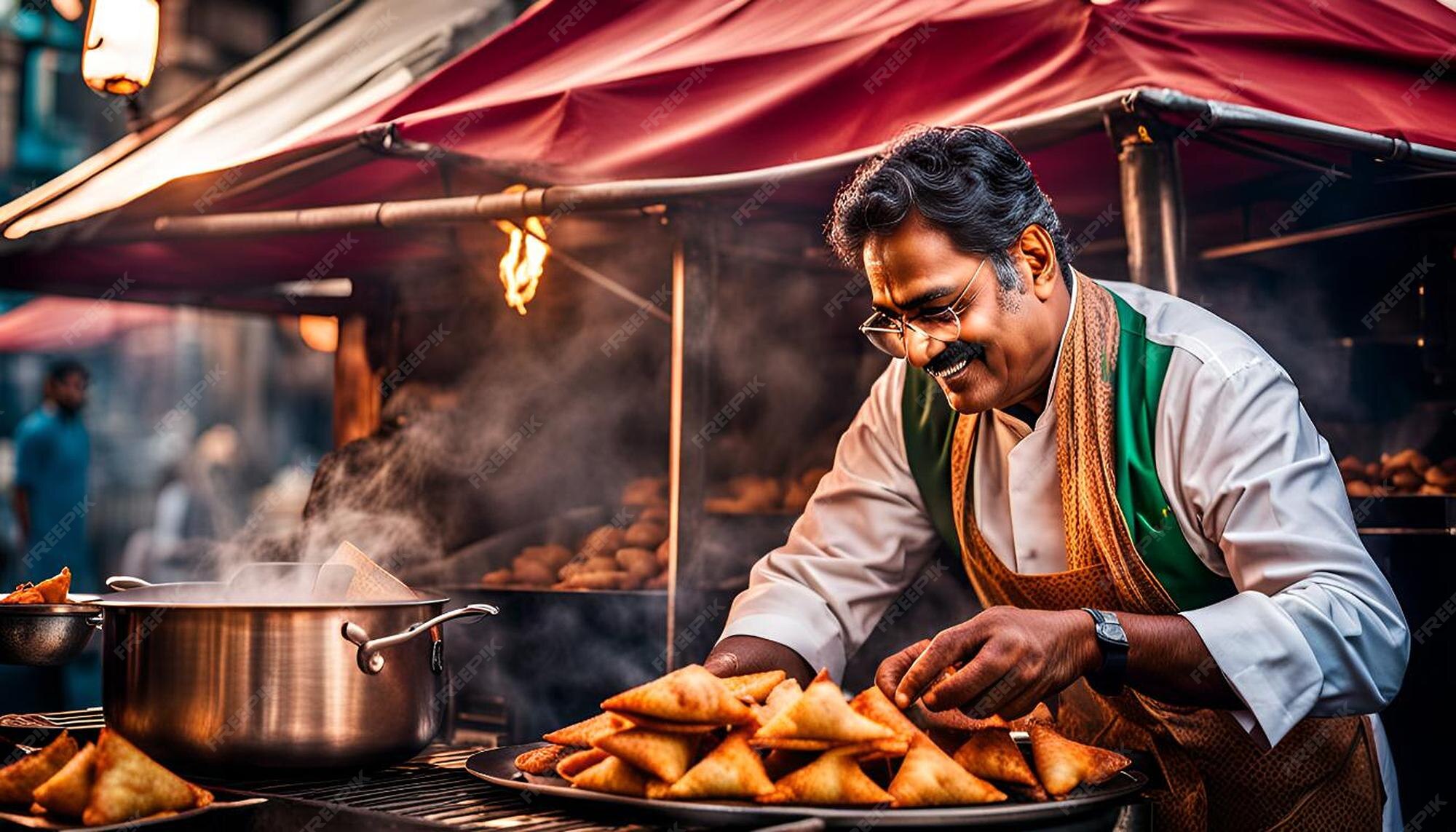 Indian Street Food Vendor Cooking Crispy and Spicy Samosas | Premium AI