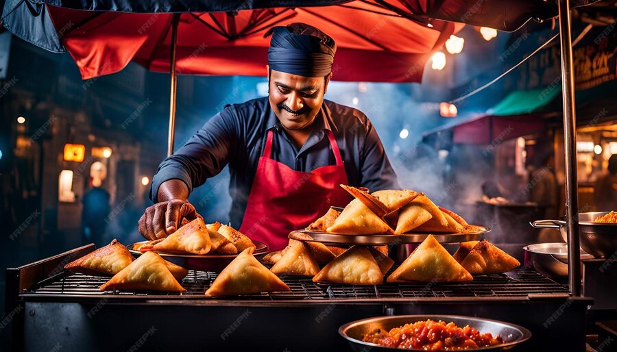 Indian Street Food Vendor Cooking Crispy and Spicy Samosas | Premium AI