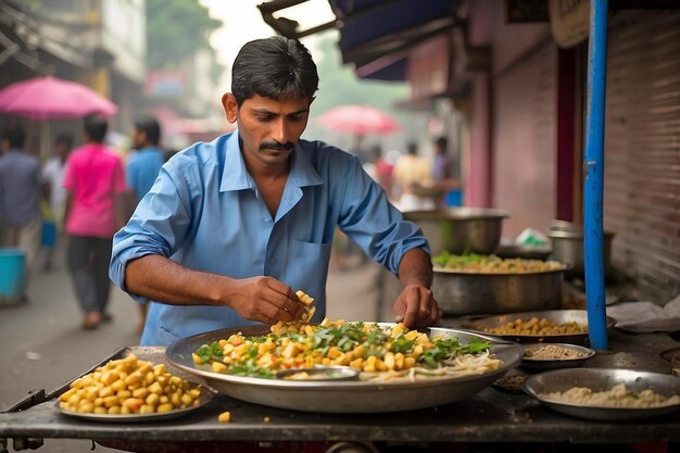 Premium Photo | Indian street food vendor preparing chaat ar c