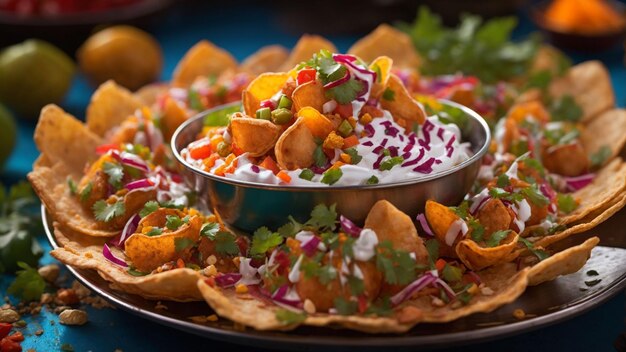 Indian street food with a highresolution image of a colorful papri chaat