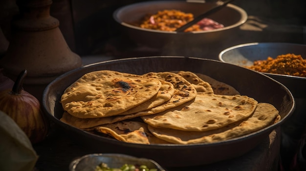 Photo indian street foods whole wheat chapati or chapathi with vegetable curry generative ai