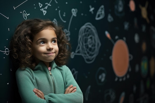 indian student standing against chalkboard with space doodle