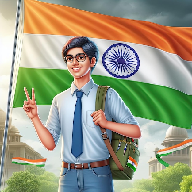 Indian Student Standing with Indian Flag Background Illustration