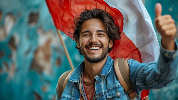 Foto studente giovane indiano bandiera polacca e mostrando i pollici in alto studio per stranieri in polonia conce