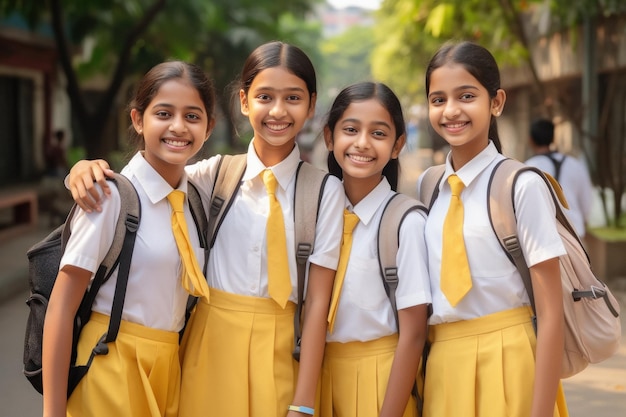 Indian students group wearing white and yellow uniform and standing together