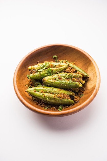 Indian style Bharwa Parwal dry Sabzi or Stuffed Pointed Gourd Dry fry, selective focus