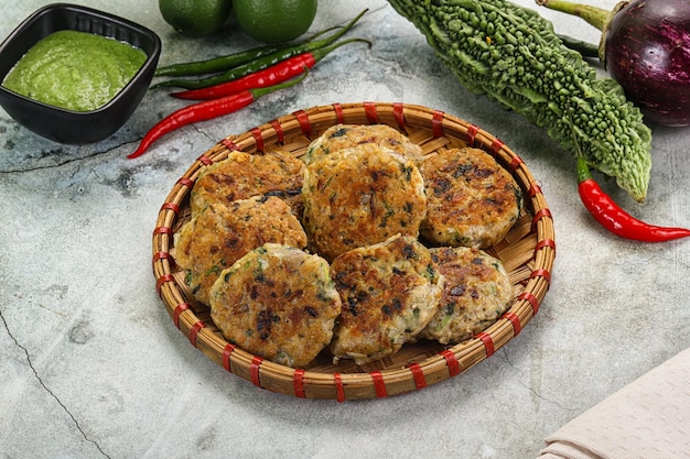 Indian style chicken kebab minced meat with herbs