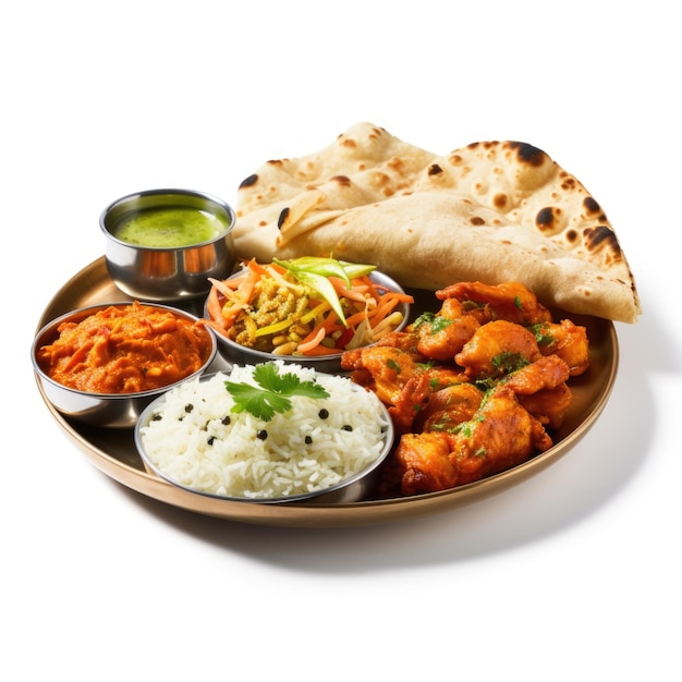 白い背景でインド風料理の食事ランチ