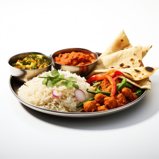 흰색 배경의 인도 스타일 음식 식사 점심