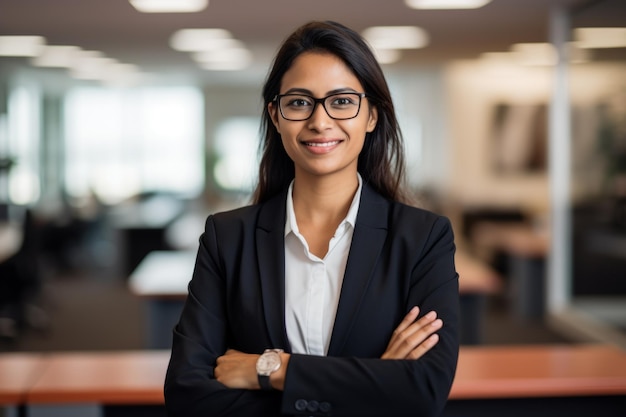 Indian successful confident arabian businesswoman worker lady boss in glasses and formal suit female
