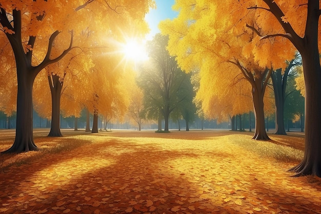 Indian summer beautiful autumn landscape with yellow trees and sun