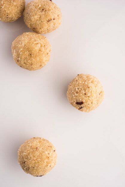 Indian Sweet food coconut laddu or nariyal laddoo, selective focus