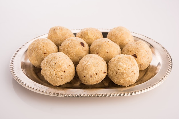 Indian Sweet food coconut laddu or nariyal laddoo, selective focus