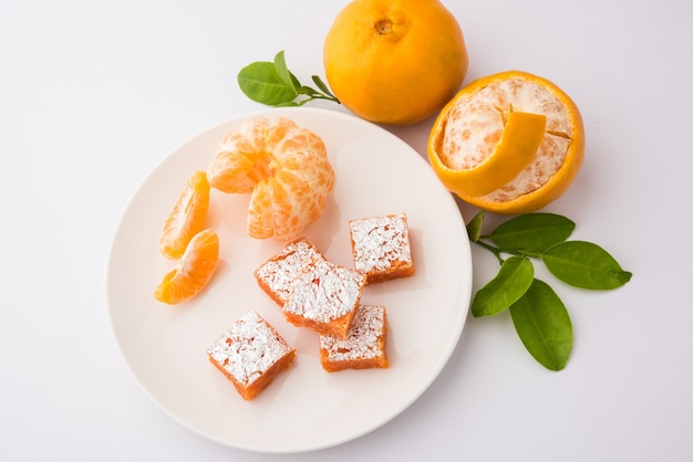 Indian sweet food Orange Burfi or orange cake or santra burfi in hindi, favourite festival food from central india