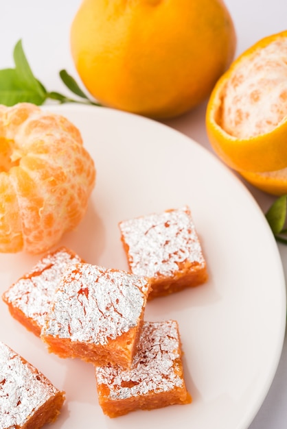 Indian sweet food Orange Burfi or orange cake or santra burfi in hindi, favourite festival food from central india