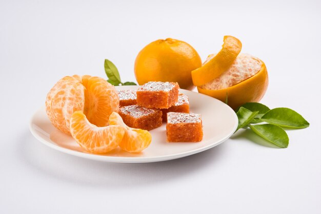 Indian sweet food Orange Burfi or orange cake or santra burfi in hindi, favourite festival food from central india