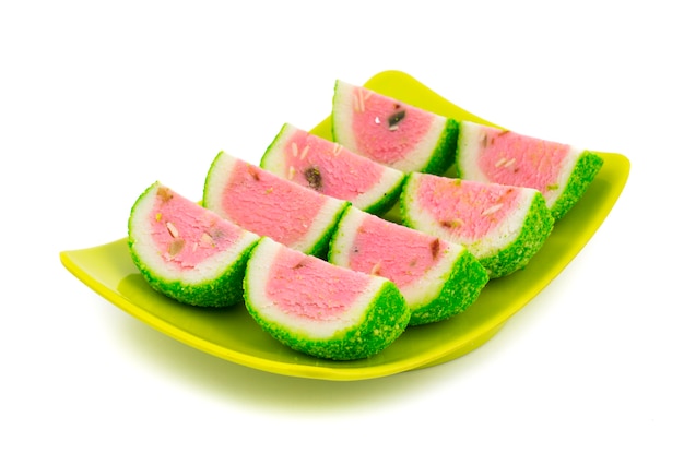 Indian Sweet Food Watermelon Mawa Burfi on white background