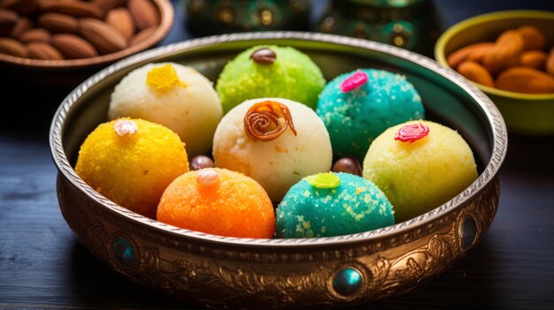 Photo indian sweet laddu with decorated festive light background