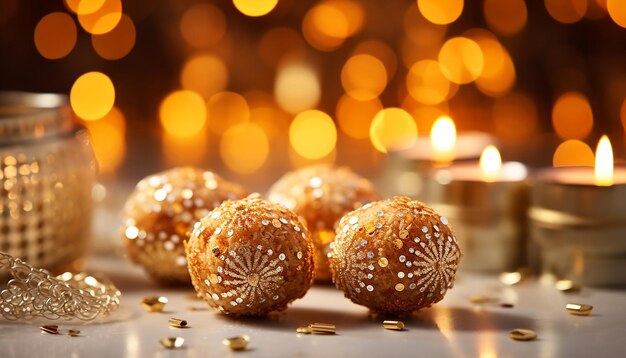 Indian sweet laddu with decorated festive light background