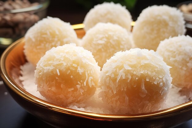 사진 연유로 만든 인도 달콤한 nariyal laddu 또는 코코넛 설탕 달콤한 공