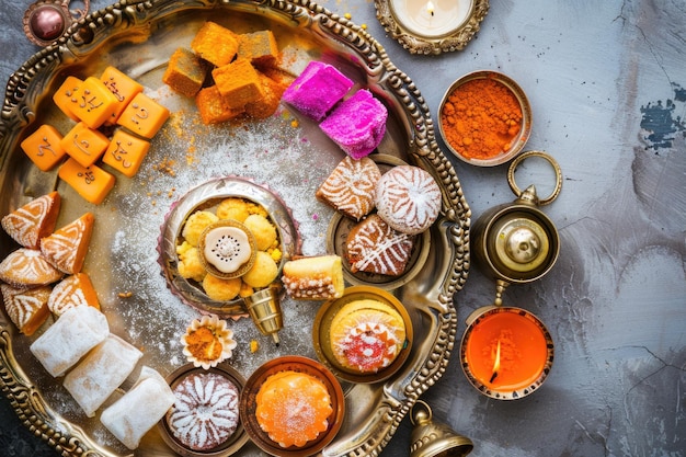 Indian sweets and Mithai in a tray incense and bell for Diwali festival flat lay top view