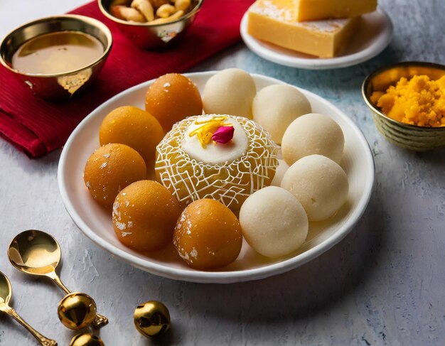 Photo indian sweets in a plate includes gulab jamun rasgulla kaju katli morichoor bundi laddu gujiya