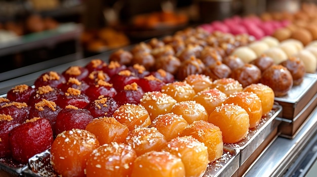 Indian sweets shop displaying Gulab Jamun and Barfi