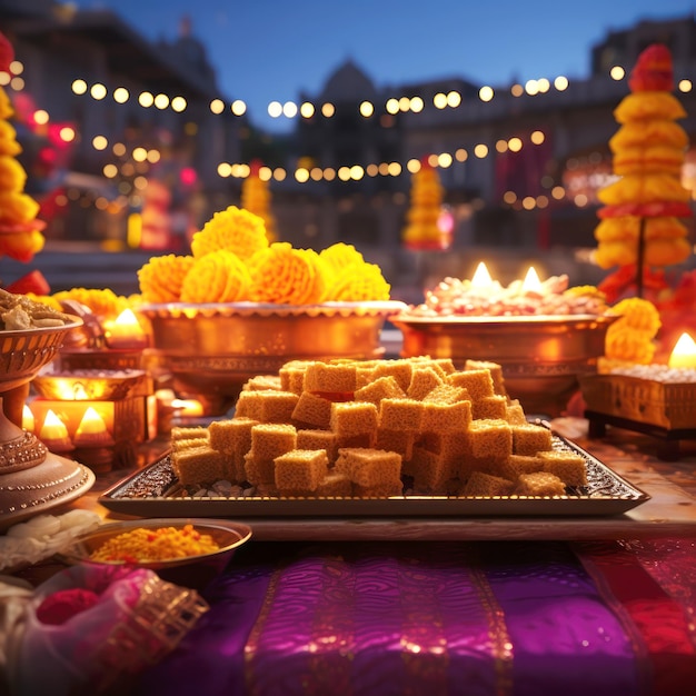 Photo indian sweets and snack in plate for diwali festival