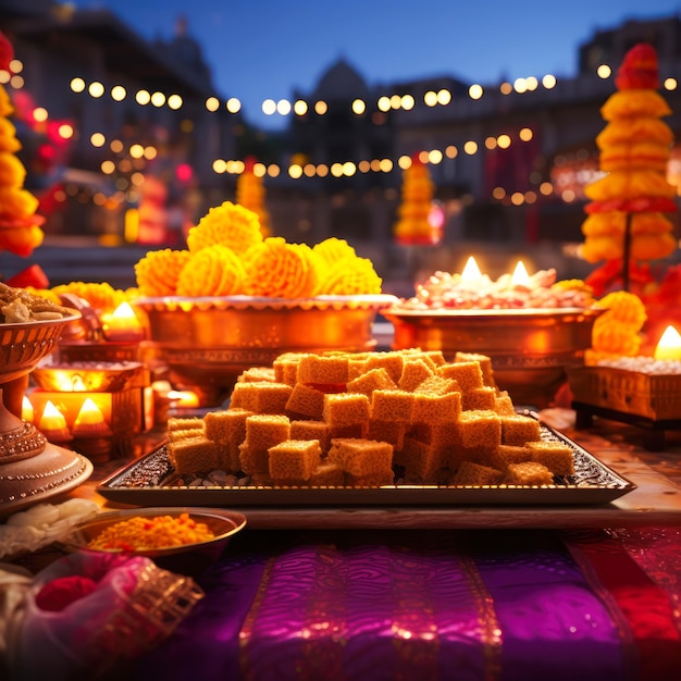 Indian sweets and snack in plate for diwali festival