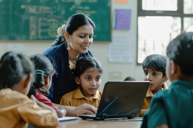 Photo indian teacher uses laptop to educate students in classroom