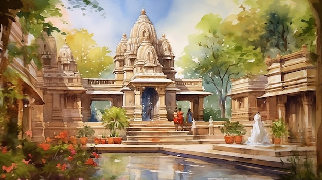 Indian temple and garden watercolor painting village illustration picture Ai generated art