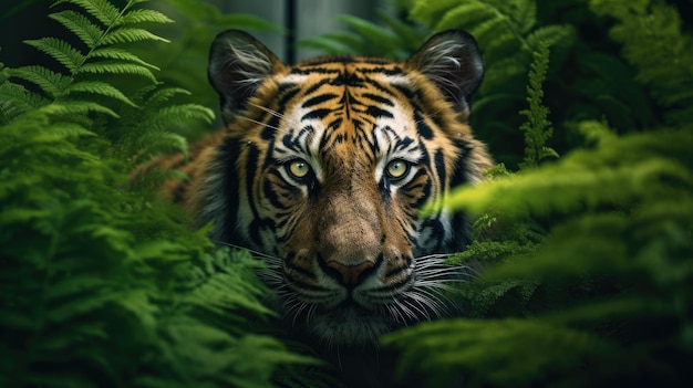 Indian Tiger hides in Leaves of Trees in forest