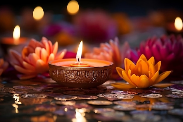 Indian traditional candle and lotuses for Diwali celebration