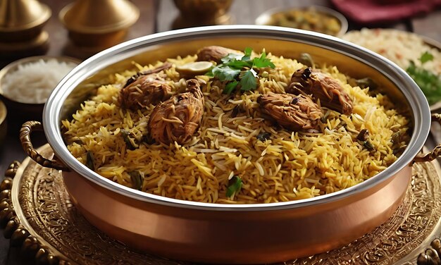 Photo indian traditional chicken biryani served in a bowl selective focus generative ai