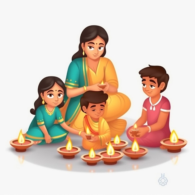 Indian traditional family lightning diwali oil lamp on white background cartoon illustration