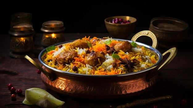 indian traditional food biryani with chicken basmati rice in a bowl