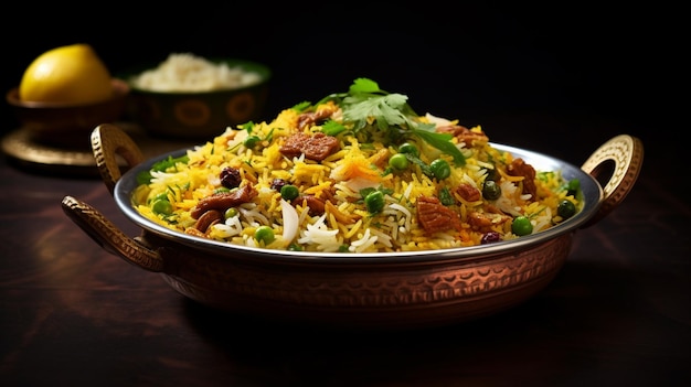 indian traditional food biryani with chicken basmati rice in a bowl