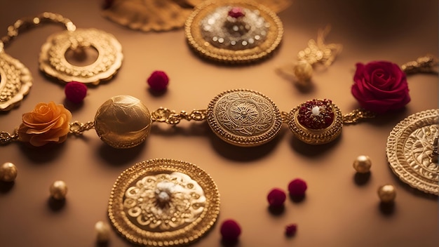 Photo indian traditional gold necklace and bracelet selective focus