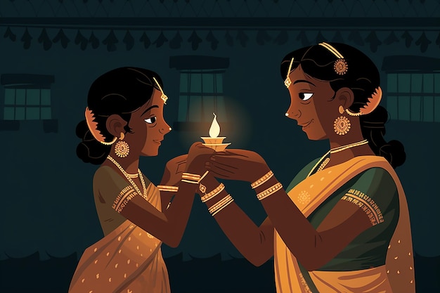 Indian two traditional women holding Diwali lamp illustration