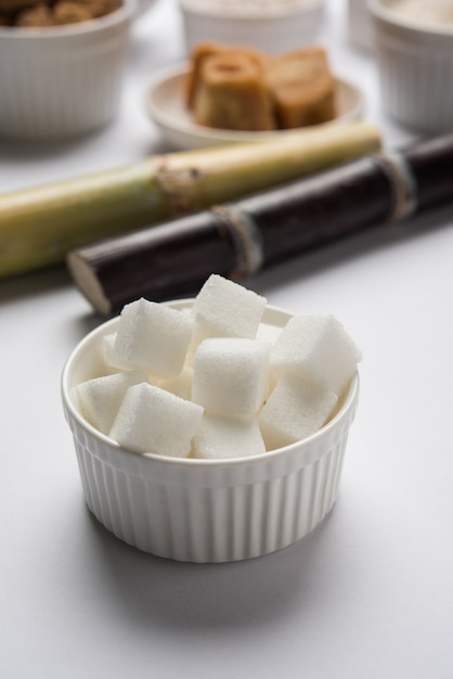 Indian Varieties of Sugar -  by-products of Sugarcane or Ganna served in a bowl. Selective focus