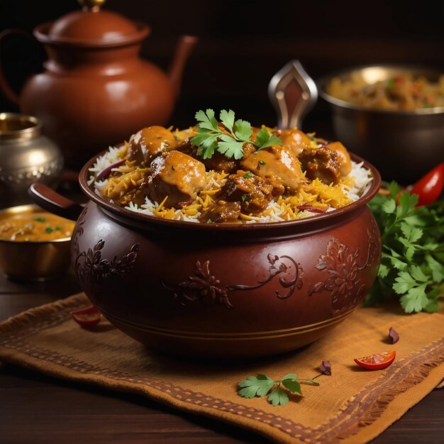 Photo indian vegetable pulav or biryani made using basmati rice served in terracotta bowl selective focus