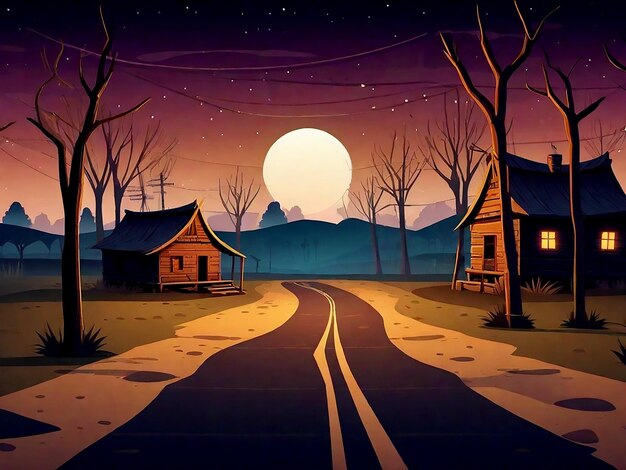 Photo indian village creepy night vector scene cartoon background