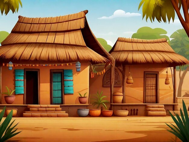 Photo indian village field scene cartoon background