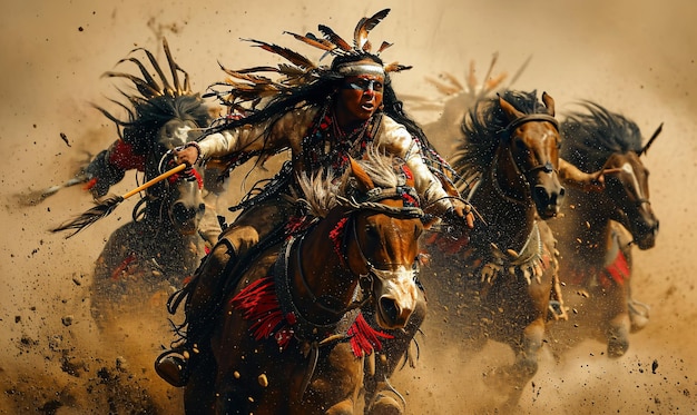 Indian Warrior Native American Attack Horse Riding Spears Bow Charge