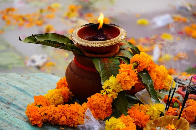 Indian way of worship incense stick with flower