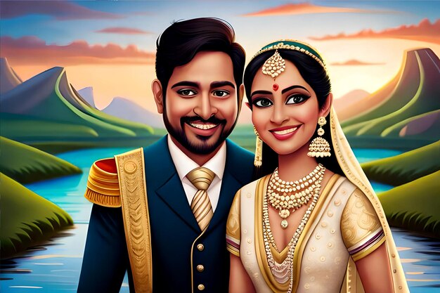 インドの結婚式のカップルの似顔絵