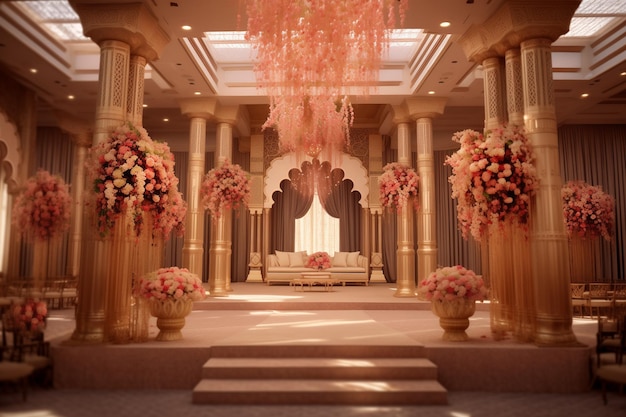 Indian wedding decor a pink mandap adorned with vibrant flowers