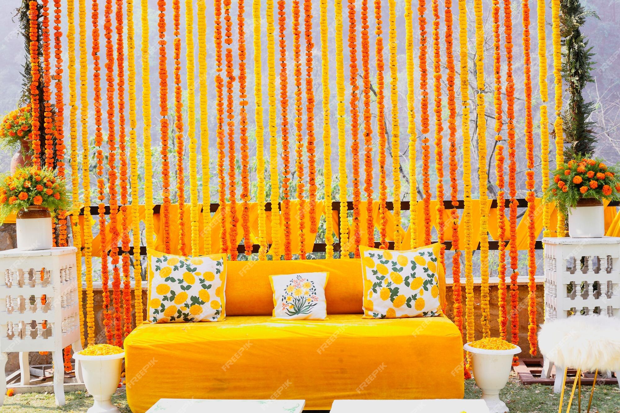 Premium Photo | Indian wedding stage decoration with flower and sofa